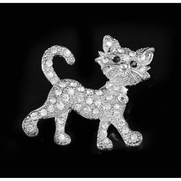 Women's Crystal Rhinestone Kitten Cat Brooch Pin Haloween Christmas - Picture 2 of 7